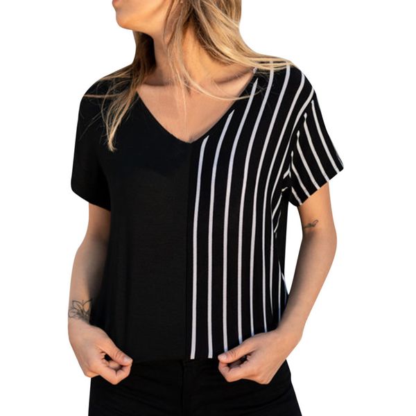 

muqgew female t-shirt striped stitching short-sleeved tee loose v-neck t-shirts for women camisetas verano mujer 2019 #6040, White