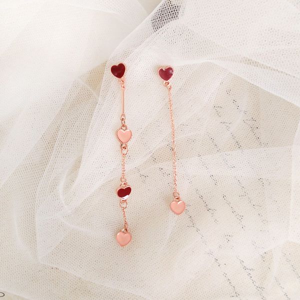 

simple pink red metal heart earrings fashion matching long chain girl ear stud ear clip, Silver