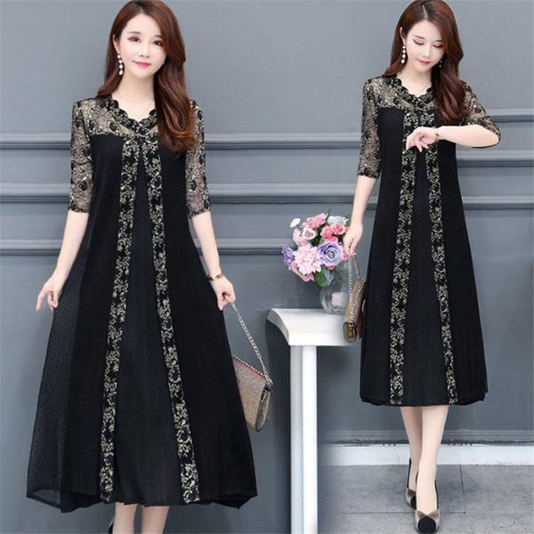 

plus size woman dress 2020 summer dress vintage lace mash long party midi dress elegant casual maxi loose 4xl female vestidos, Black;gray