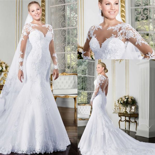 

mermaid wedding dress sheer o-neck long sleeve see through illusion back white beach bridal gowns with lace appliques