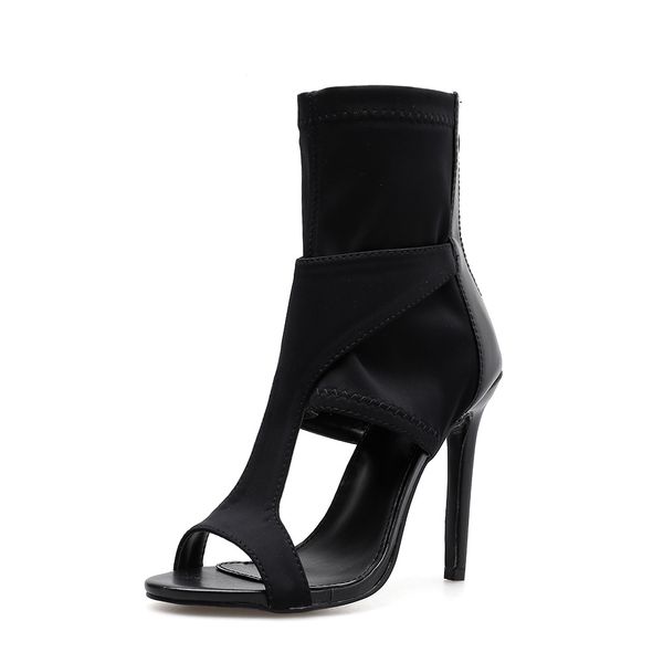 

summer gladiator sandals european party shoes women sandals open toe mid calf sock ankle boots stretch fabric high heel, Black
