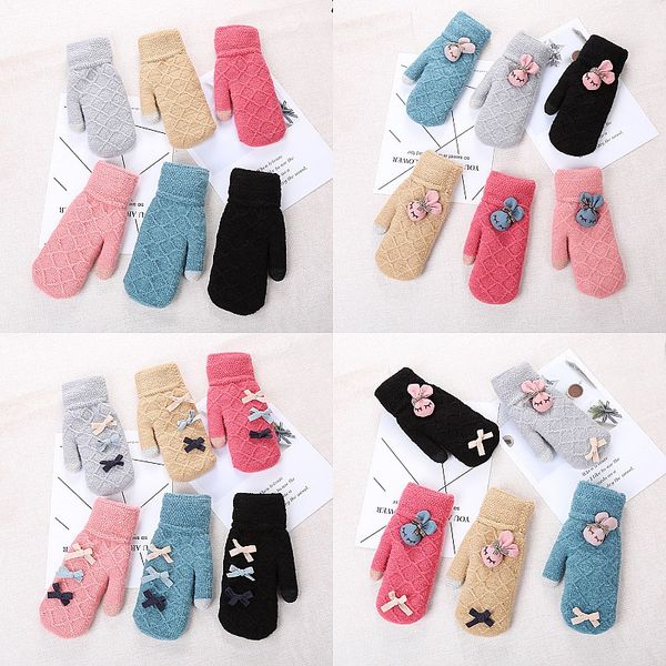 

winter bow knit wool gloves bunny doll thickening even refers to students riding double layer plus velvet solid color mittens warm touch scr, Blue;gray