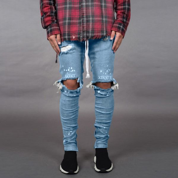 

men's fashion denim cotton straight hole trouser distressed jeans denim mens jeans ripped for men stretch 2019, Blue