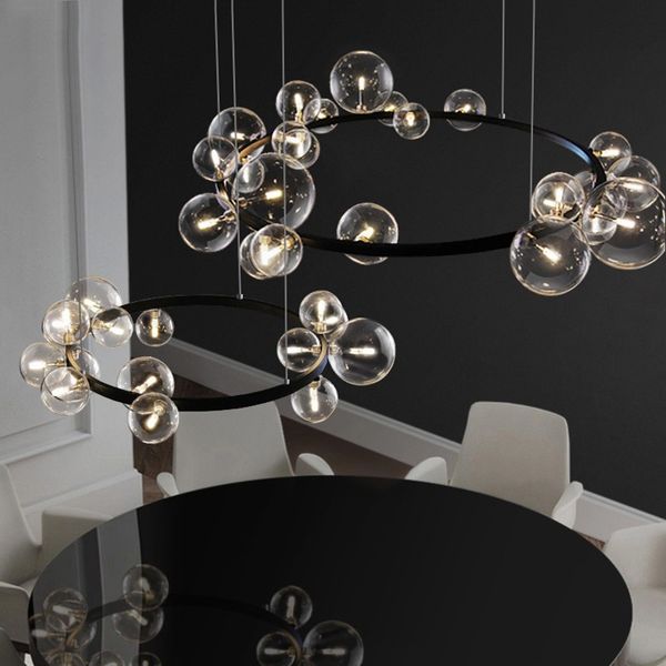 LED Lighting Chandelier para refeições Sala Showroom Loja Round Black Lâmpada de suspensão de vidro transparente Bola modernos Lustres Simples