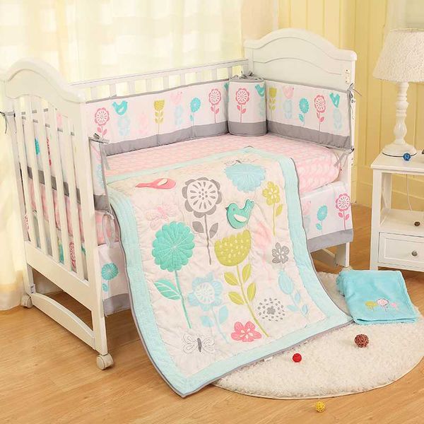 

crib bedding set 4 piece floral nursery set baby girl blanket, crib sheet, skirt,cot bumpers included