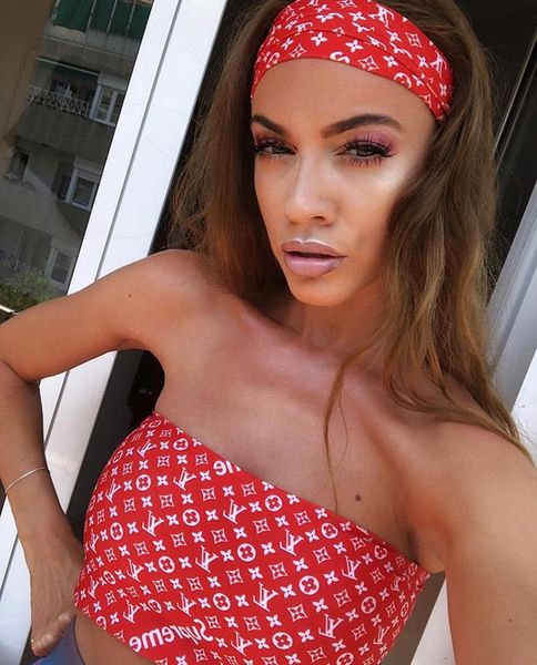 

Women red bikini 3 piece et fa hion brand logo bikini wimwear with headband women beach bikini quality