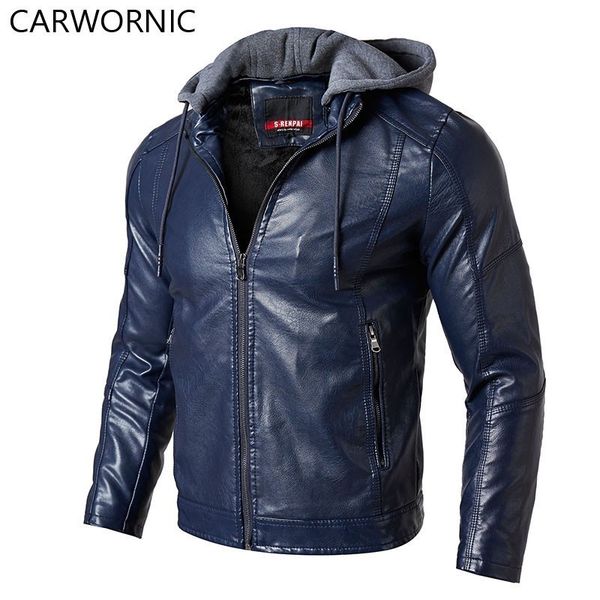 

carwornic spring causal hoodie jacket men pu leather o-neck collar streetwear jacket coat bomber young og tactical male, Black;brown