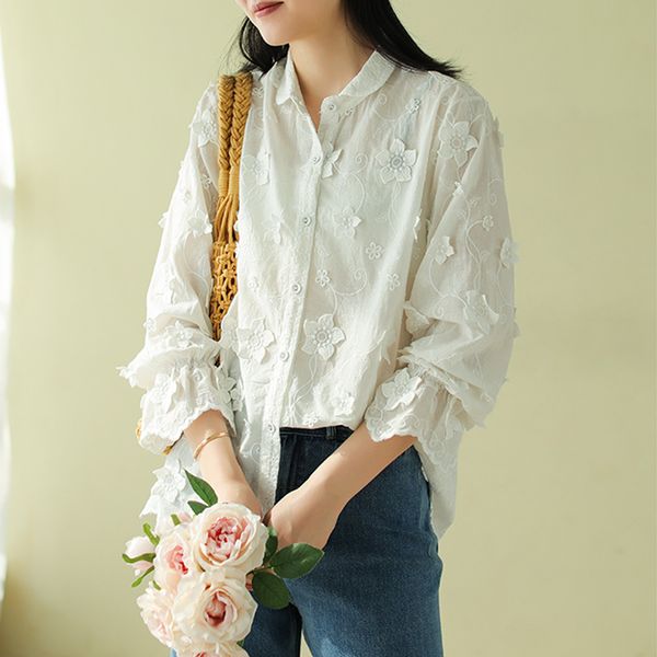 

johnature women white embroidery floral shirts casual sweet blouses 2020 spring new vintage women cloths button cotton shirts