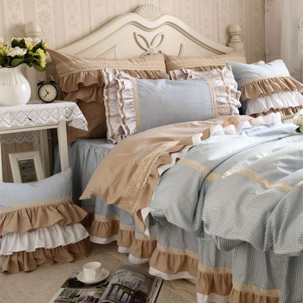 

new classic blue lace bedding set flounces lattice block process princess bedding ruffle duvet cover bedskirt bed sheet sets