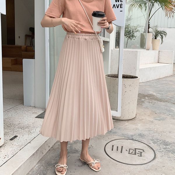 

autumn winter fashion women's high waist pleated solid color half length elastic skirt elegant midi a-line ladies long skirt, Black