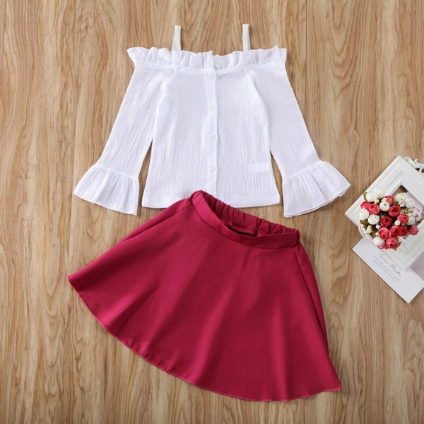 

2020 sweet baby girl kid princess off shoulder sling flared sleeves + ruffle skirt 2pcs clothes 2-6y, White