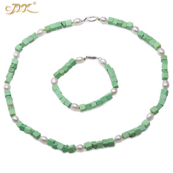 

jyx delicate green turquoise and white pearl necklace bracelet jewelry set 6mm necklace&bracelet 20/7.5" jewelry set women gift, Black