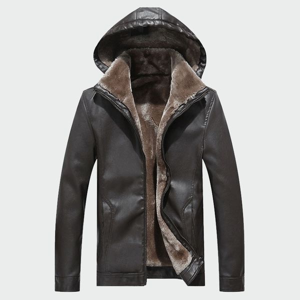 

men's leather jackets winter warm pu hooded coats plus thick windproof biker motorcycle outerwear brand clothing m-4xl ml019, Black