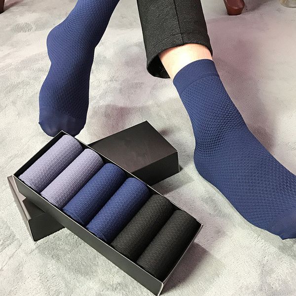 

6 pairs solid color men's socks summer thin ice deodorant business breathable socks for men with box gift, Black