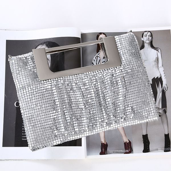 

diamond chain luxury mini phone bag ladies aluminum sheet handbag shoulder bag silver clutch bags evening purse