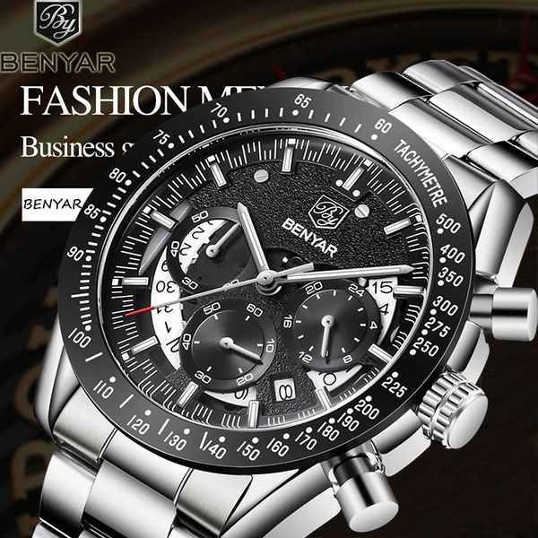 

men's watches benyar 2019 new luxury business black wristwatch mens waterproof stainless steel quartz clock reloj hombre, Slivery;brown
