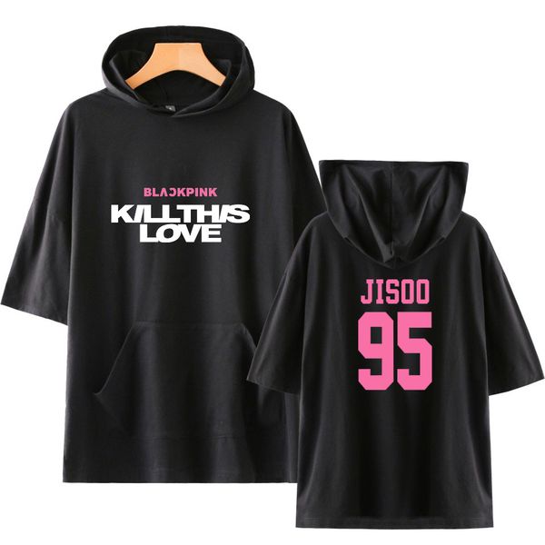 

vagrovsy kpop blackpink killthislove short sleeved hoodie women's men's summer hip hop 2019 fashion cotton hood short sleeve, Black