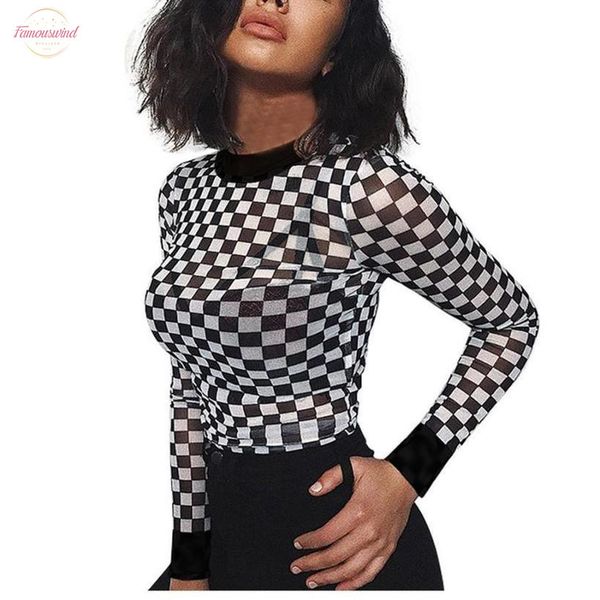 

t shirt women long sleeve 2020 gothic women transparent o neck plaid print women clothing vintage ladies shirt female, White