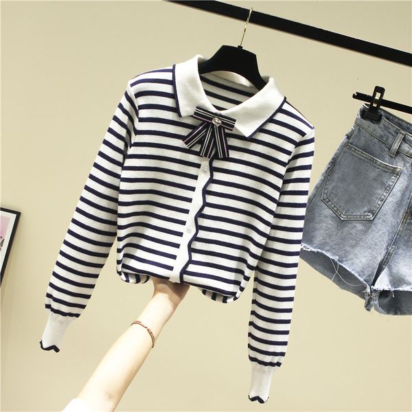 

women's sweaters spring autumn knitted sweater shirt womens long sleeve loose outwear striped jacket femme lady lapel all-match knitwe, White;black