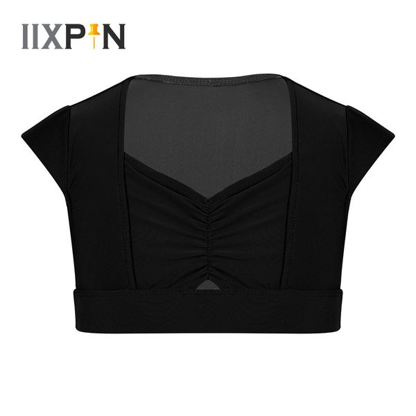

iixpin dancer girls leotard crop clothes girls cap sleeves pinched-front crop for ballet dance stage performance workout, Black;red