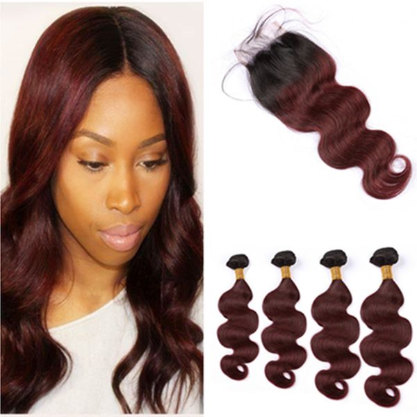 Ombre Burgundy Peruvian Virgin Hair Weaves Body Wave Human Hair