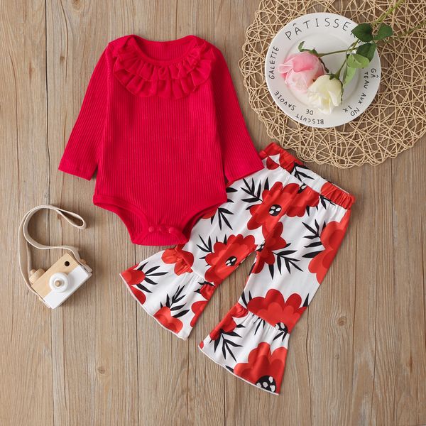

toddler clothing baby girls clothing set long sleeve romper + floral flare long pants 2pcs autumn outfits set quality, White