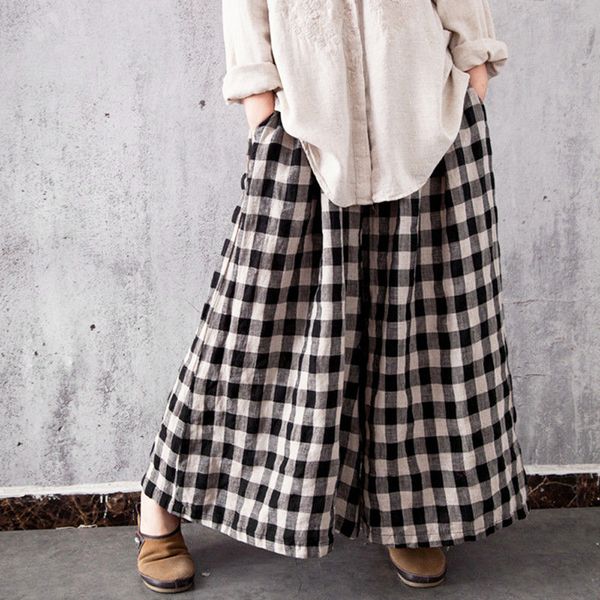 

women boho cotton check plaid long pants elastic waist baggy wide leg pockets loose casual trousers new fashion, Black;white