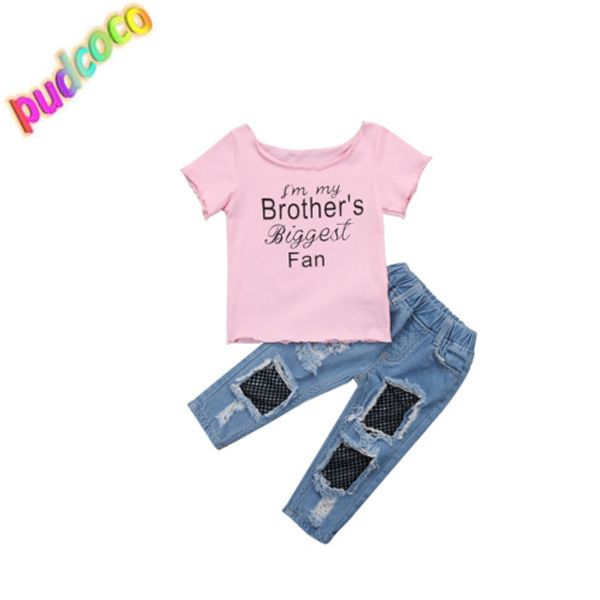2018 Novos Crianças Bebê Meninas Coton T Shirt Tops + Mesh Jeans Calças 2 Pcs Outfits Set Roupas Quente