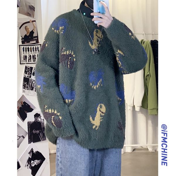 

winter plus velvet sweater men warm fashion cartoon casual o-neck knitted pullover man streetwear loose long-sleeved sweater, White;black