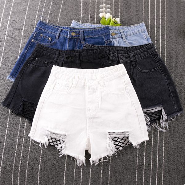 

unioncode fishnet mesh denim shorts women high waist frayed hem summer shorts 2020 ripped plus size s-3xl, White;black
