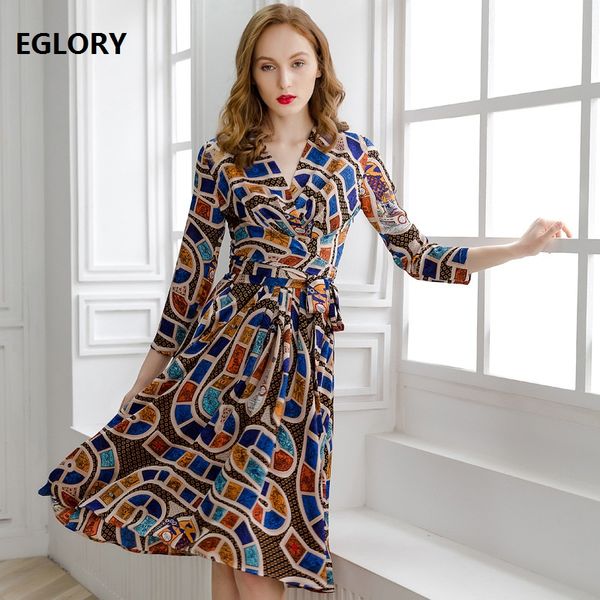

dress 2019 spring summer vintage dress women v-neck geometric print 3/4 sleeve mid-calf length casual sun, Black;gray