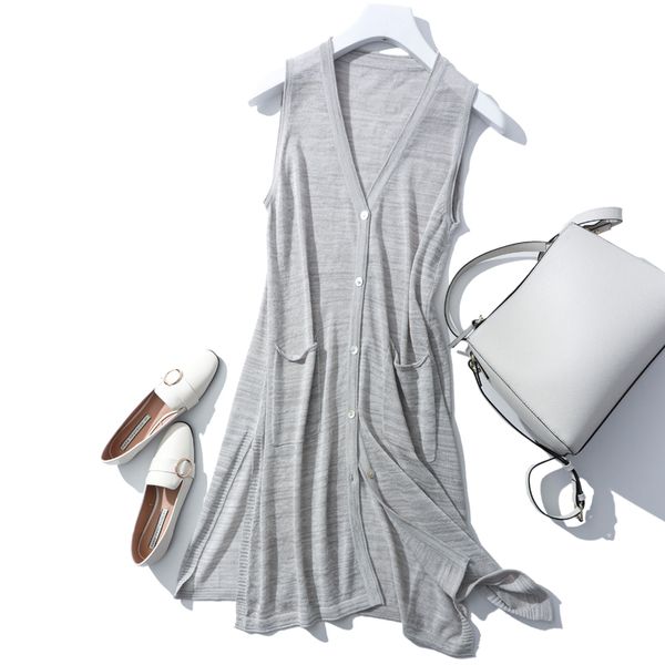 

2018 - summer new loose women's sleeveless long knit wild ice silk knit cardigan fashion slim sweater, Black;white