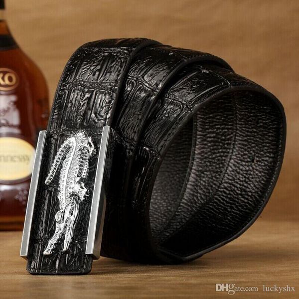 

fashion design mens belt crocodile buckle first layer of leather cowhide belt crocodile pattern men genuine leather strap, Black;brown