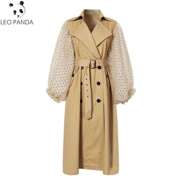 

2019 spring autumn patchwork polka dot lantern sleeve trench coat female high waist lace up women's windbreaker fashion coats, Tan;black