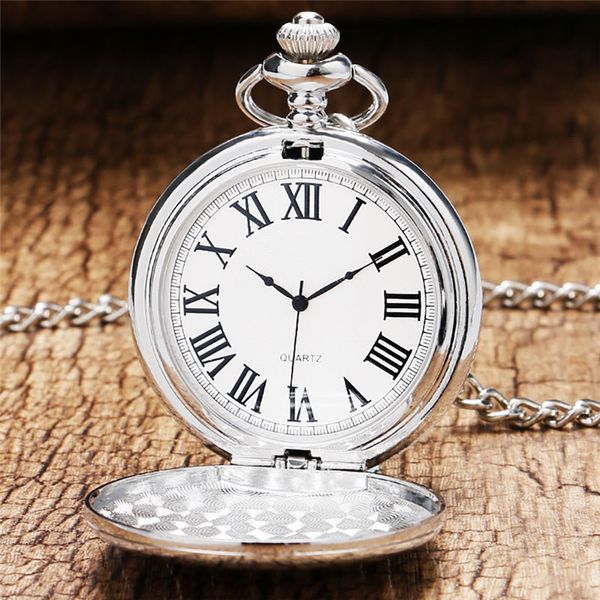 Orologio da taschino al quarzo da donna con cassa liscia argento antico, orologio da tasca a catena spessa per regalo unisex