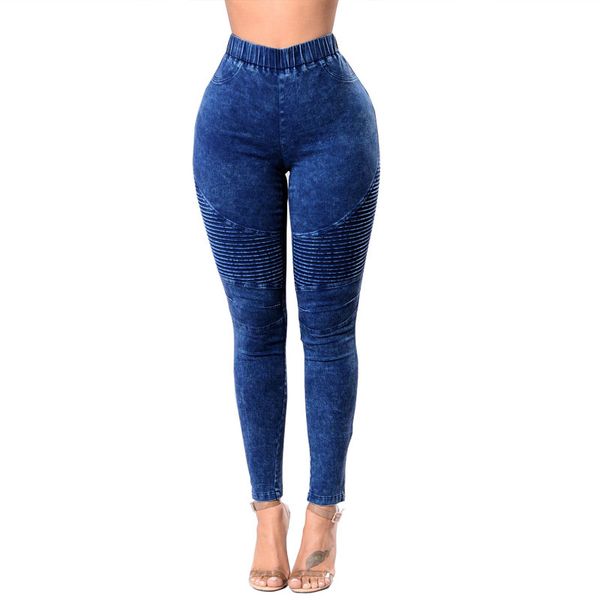 

весна 2020 фитнес тощего denim джинсы женщина повседневной карандаш брюки плиссе stretch эластичный пояс жана брюки 7 цветов-футляр, Blue