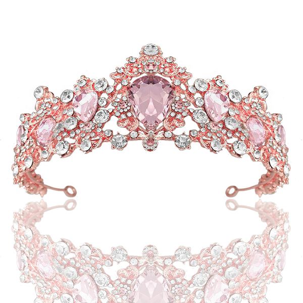 

KMVEXO Tiaras Wedding Crown Bridal Hair Accessories Luxury Baroque Crystal Pink Queen Crown Women Adult Gift Party Hair Jewelry