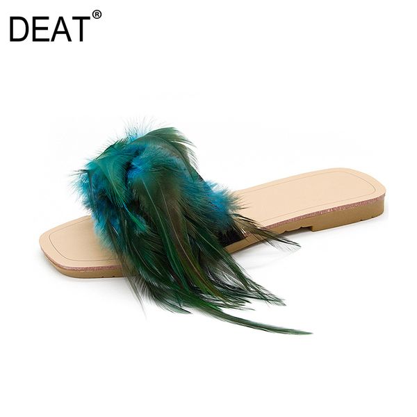 

deat] 2020 new spring summer square toe shallow feather casual outdoor trend flat slippers women shoes fashion tide 10h402, Black