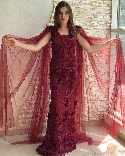 

dubai burgundy elegant mermaid formal evening dress lace appliques feathers cape prom dresses plus size long party gowns, White;black