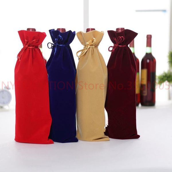 

flannel wine bottle packing bags 15x35cm velvet carrier gold thread drawstring bags holder gift pouches party present 200pcs