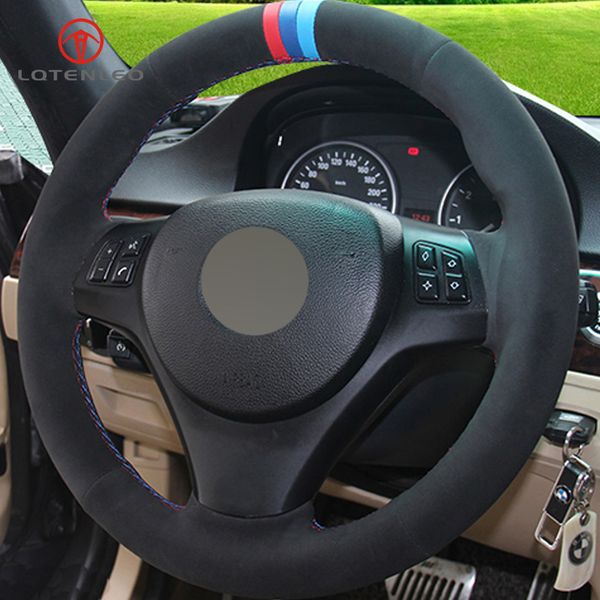 

lqtenleo black suede diy hand-stitched car steering wheel cover for e90 320i 325i 330i 335i e87 120i 130i 120d