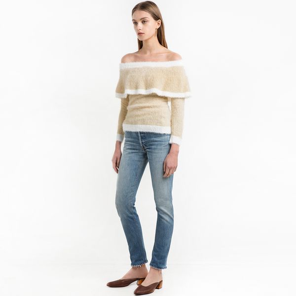 

fashion-autumn women's fuzzy striped off shoulder sweater sweet beige long sleeve jumper fashion elegant pullover, White;black