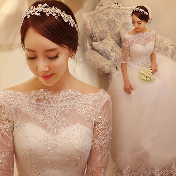 

charming bateau half sleeves lace-up ball gown wedding dresses with train appliques beads wedding bridal gowns robe de mariage plus size, White
