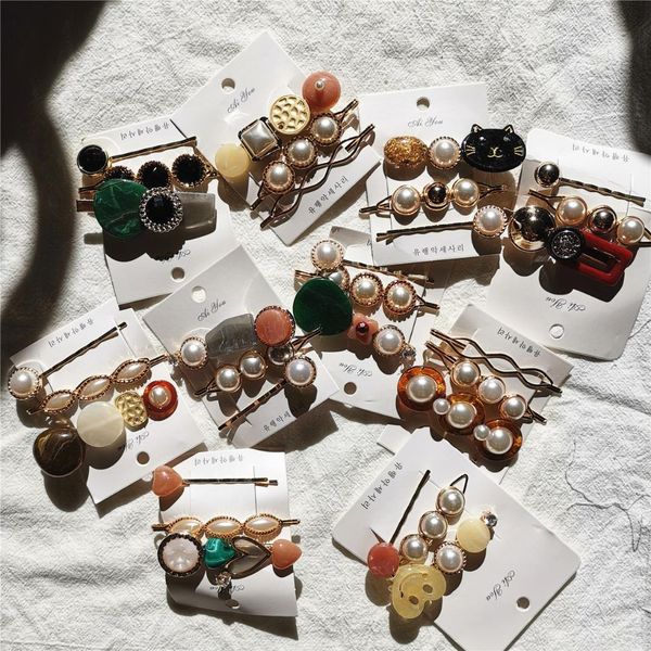 

vintage 3pcs/set fashion korean women imitiation pearl hair clip button hairband bobby pin barrette hairpin accessories new, Golden;white