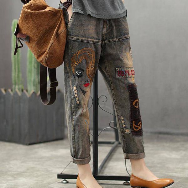 

women casual jeans harem pants new arrival 2020 spring fashion elastic waist vintage embroidery female denim pants w065, Blue