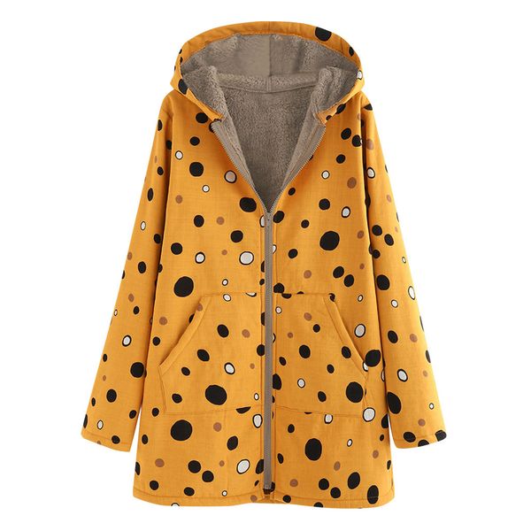

retro dot print winter coat women 2019 vintage warm outwear hooded pockets oversize hasp female coats kurtka zimowa damska, Black