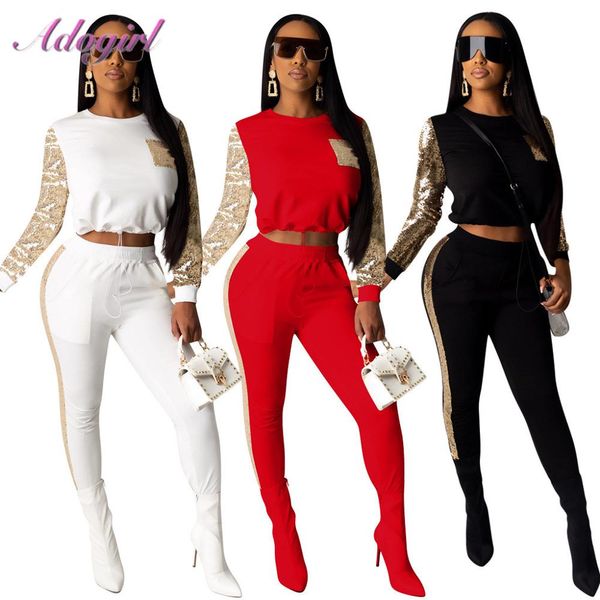 

casual high street sequins patchwork two piece set women long sleeve pullover sweatshirt crop pencil pants outfit tracksuit, White