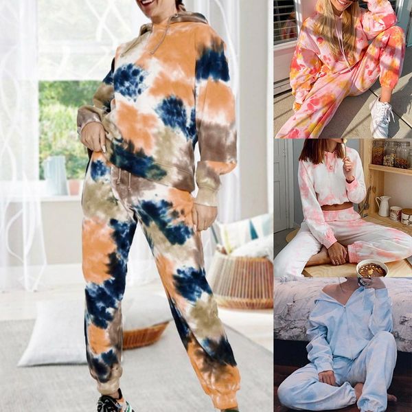 

yoga outfits 2021 tie dye women tracksuit suits homewear sweatshirt print two-piece set long sleeve loose elastic waist pants, White;red