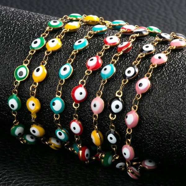 

6mm evil eye women bracelet gold stainless steel enamel bead ankle bracelets with extension chain jewelry for women men gifts, Black