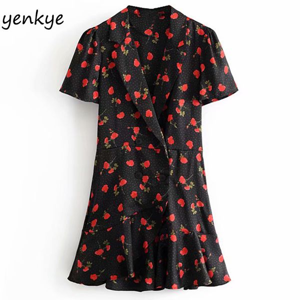 

vintage floral print jumpsuit women notched collar short sleeve ruffle summer overalls short romper body mujer hhwm2222, Black;white